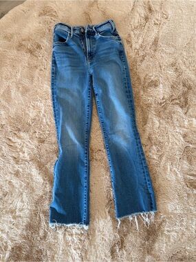 MOTHER The Hustler Ankle Fray Jeans Grasping At Straws Blue 24 High Rise Flare